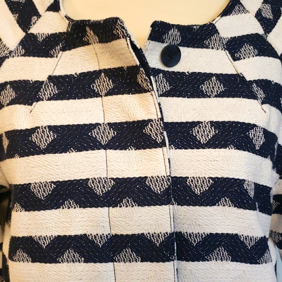 NAVY & WHITE STRIPED DIAMOND ZIGZAG BLAZER PREPPY COASTAL NAUTICAL RAW EDGE NWT - Picture 2 of 10